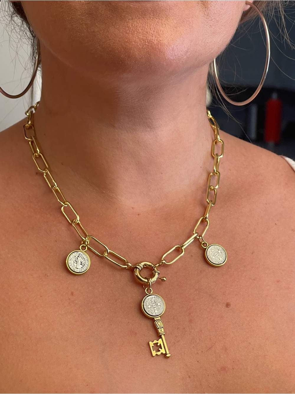 Gold-Tone Link Charm Necklace with Coin and Key Pendants
